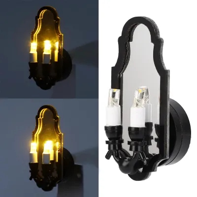 Imagen del producto de Aplique de pared con espejo en miniatura, con dos luces, marco , ideal para la decoración de casas de muñecas a escala 1:12