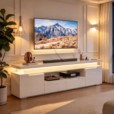 Imagen del producto de Mueble de TV INONEFT con 2 cajones, 2 puertas y estantes abiertos, mueble bajo para televisión con iluminación LED y función de carga integrada, color blanco
