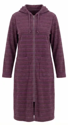 Productafbeelding van Unyqoos® Badjas dames, aardetinten – Frotte met capuchon en kangoerenzak, 2-weg rits, maat 50+, 83% katoen, 17% polyester, ca. 110 cm