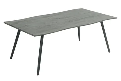 A rectangular coffee table with a gray wood-look top and black metal legs, shown against a white background.