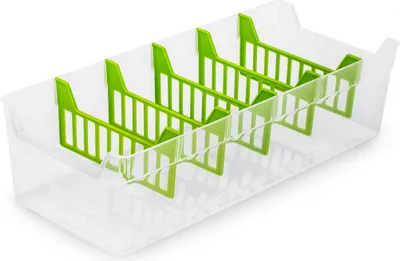 A clear studio shot of a clear plastic organizer with green dividers.