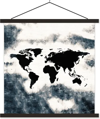 Produktbild von MuchoWow® Textilposter Weltkarte - Holz - Schwarz 40x40 cm mit schwarzem Rahmen - Fotos