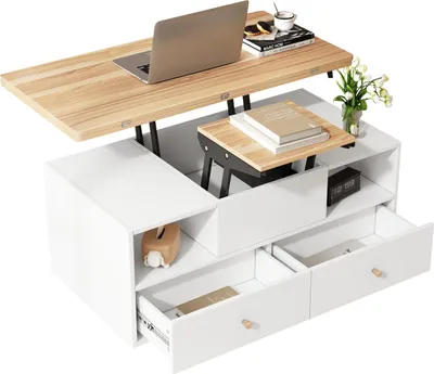 Produktbild von Höhenverstellbarer Couchtisch mit Klappfunktion und 4 Schubladen,Hydraulik-Hubtisch,beweglicher Wohnzimmertisch mit Universalrollen,Sofatisch