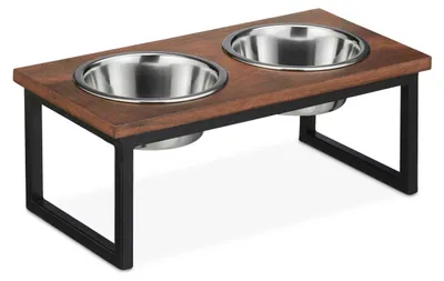 Productafbeelding van Relaxdays Voerbakstandaard, roestvrijstalen voerbakken met een inhoud van 1000 ml, hondenvoerstation van mangohout, afmetingen (h x b x d) 16,5 x 42 x 21 cm, naturel