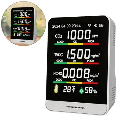 Produktbild von 7-in-1 Luftqualitätsmonitor–Indoor Air Quality Messgerät,CO₂-, Formaldehyd-,TVOC-,Temperatur-und Feuchtigkeitsmessung,für Zuhause,Büro,Auto und Hotel