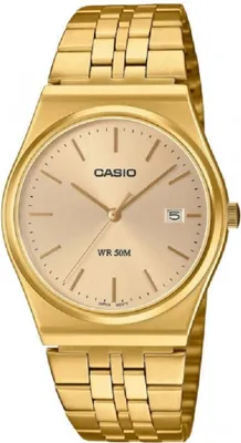A close-up studio shot of a gold Casio watch.