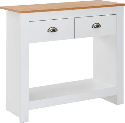 Konsolentisch 85x35x76cm Weiß Eiche Modern mit Holzplatte in Eicheoptik, weißem Korpus und zwei metallbestückten Schubladen.