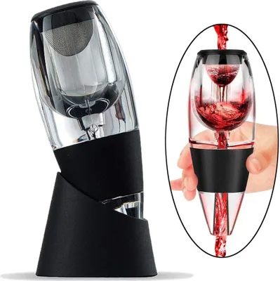 A wine aerator and filter is shown on its stand, with an inset showing wine being poured through it.