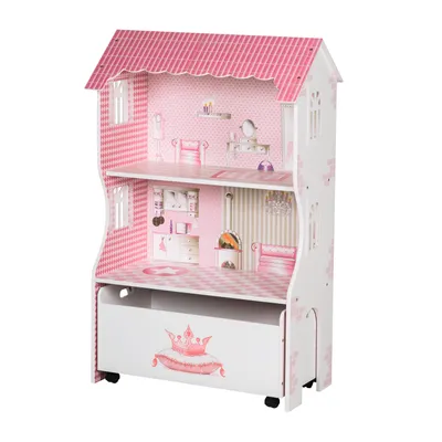 Produktbild von roba Puppenhaus & Spielregal, Spielmöbel & Puppenvilla für Ankleidepuppen inkl. Aufbewahrungsbox f. Spielzeug, rosa