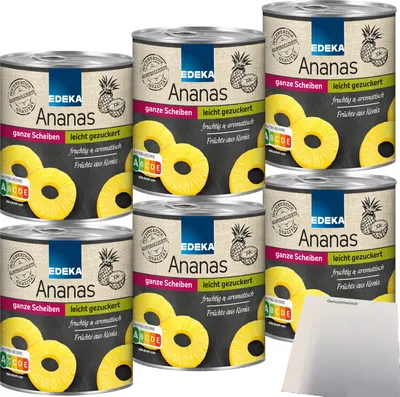 Produktbild von Edeka Ananas ganze Scheiben leicht gezuckert fruchtig aromatisch 6er Pack (6x567g Dose) + usy Block