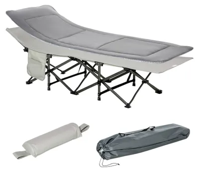 Image de Lit de camping - Lit de voyage - Petit lit de camping - Lit pliable - Transat - Gris clair - Avec coussin et poches latérales