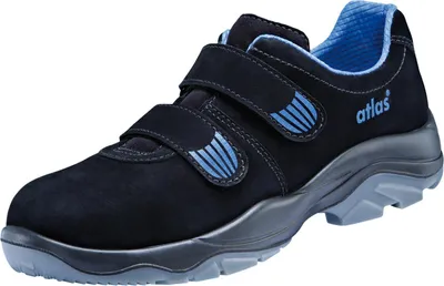 A black safety shoe with blue accents and a gray sole is shown against a white background.