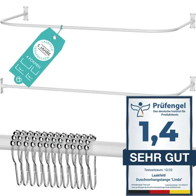 Produktbild von Duschvorhangstange L Form & Duschstange U Form 4 in 1 System inkl. 12 Ringe - Stabile Winkelstange Duschvorhang ohne Deckenhalterung - Rostfrei