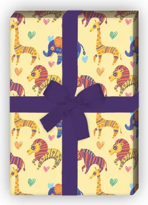 Produktbild von Schönes Kinder Geschenkpapier mit ethno Tieren auf gelb - G7575, 32 x 48cm