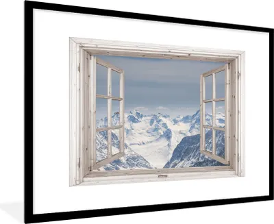 Produktbild von MuchoWow® Gerahmtes Poster Aussicht - Berg - Schnee 90x60 cm - Poster mit Schwarzem Bilderrahmen Wandposter Rahmen Foto Bilder - Wanddekoration - Fotos