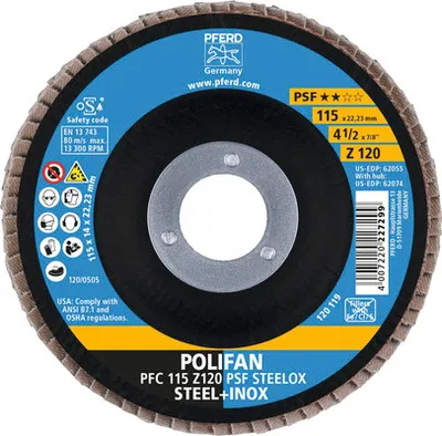 Produktbild von Schleifmopteller Fächerscheibe PFERD PSF STEELOX Stahl/Inox Ø 115x22,23 mm Korn 120