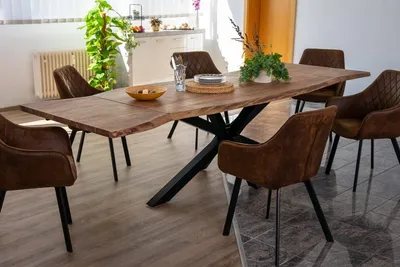 Produktbild von Baumkantentisch 160 (260) x 90 cm Janosh, Akazienholz massiv & nougatfarben, Esstisch inkl. 2 Ansteckplatten 50 x 90 cm, echte Baumkante, Spider-Metallgestell in Schwarz