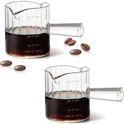 Produktbild von Espressotassen 2er Set 120ml Glas – Doppelausgießer, hitzebeständig, mit Griff | Für Siebträger & Milchaufschäumer