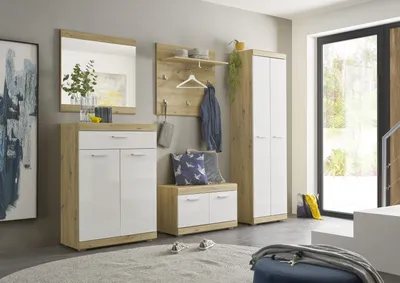 Produktbild von Garderoben-Set >Nobe< in Weiß-Eiche Artisan - 255x195x38cm (BxHxT)