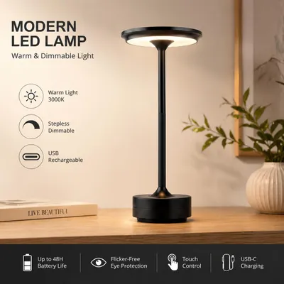 Produktbild von LED Tischlampe Kabellos Schwarz Dimmbar Touch USB Wiederaufladbar Restaurant Bar