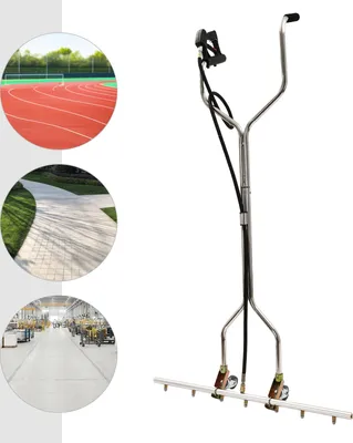 A collage showing a pressure washer attachment on a white background, and three circular inset images of a running track, a paved walkway, and a factory floor.