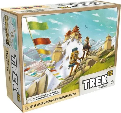 The image shows the front and side of a board game box with a mountain climbing theme.