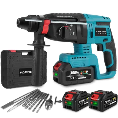 A cordless hammer drill with accessories and batteries displayed on a white background.