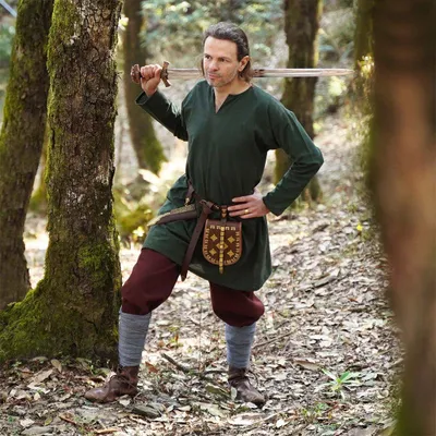 Produktbild von Wikinger-Tunika Serie Bjorn M Grün aus atmungsaktivem Baumwoll-Chambray mit Geren