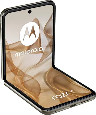 A Motorola Razr 50 smartphone is shown in a partially folded position against a white background.