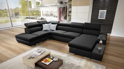 Produktbild von Wohnlandschaft in U-Form PERS VI Ecksofa Eckcouch mit Schlaffunktion (Schwarz SAWANA 14 + schwarzes Kunstleder, Rechts)