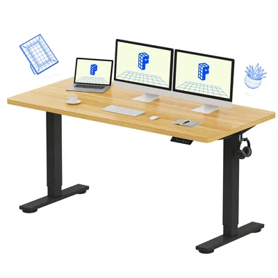 A standing desk with multiple monitors and a laptop.