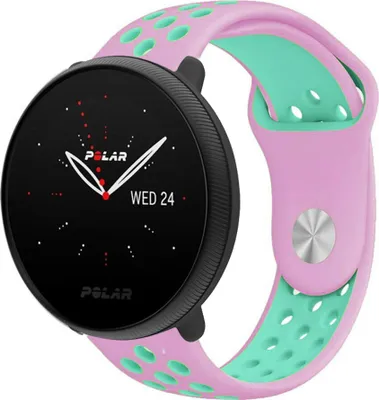 A close-up shot of a Polar Ignite 3 smartwatch with a pink and aqua sport band.