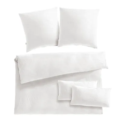 Produktbild von Pure Label Musselin Bettwäsche 200x200 bestehend aus einem Bettbezug 200x200 cm + Kissenbezug 80x80 2er Set + 40x80 Kissenbezug 2er Set in weiß