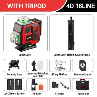 Zdjęcie produktu dla Poziomica laserowa - 4D, 16 linii - automatyczna, 360° - pozioma i pionowa - czerwony promień laserowy - kompletne akcesoria - bateria w zestawie