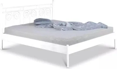 A white metal bed frame with a mattress and a light blue blanket.