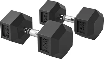 Produktbild von Set mit 2 sechseckigen Fitnesshanteln š€ 15 kg mit rutschfestem Griff, Stahl und Gummi, ? 15,5 x 33,6 cm, Schwarz