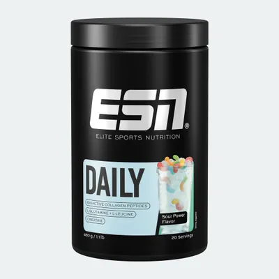 Produktbild von ESN Daily, Puder, Hydrolysiertes Kollagen, 1 Stück(e), 24 g, Kollagenhydrolysat (Rind), L-Glutamin, Creatin Monohydrat, Säuerungsmittel (Citronensäure,..., Für eine Portion mixt du 24 g Pulver mit 500 ml Wasser in einem Shaker.