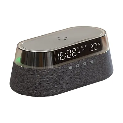 Produktbild von 6-in-1 Bluetooth-Lautsprecher mit Wecker, Fernbedienung, 15W kabelloses Schnellladen, FM-Radio, dimmbares LED-Nachtlicht, für Schlafzimmer & Büro