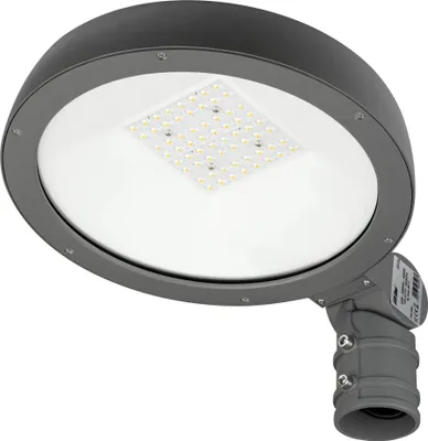 A close-up, studio shot of a gray LED street light.