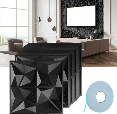 Produktbild von Clanmacy 12pcs 3D Paneele Wandpaneele Polyvinylchlorid PVC – Verkleidung für Wand & Decke – 30x30 cm (0,9 m²) – Leicht, Flexibel & Einfach zu Montieren - Schwarz - Mit Doppelseitiges Klebeband