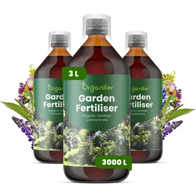 Obrázok produktu pre Tekuté hnojivo na záhradu, 3x 1 liter – vzorec NPK 2-1-8 – vhodné pre okrasné rastliny – podporuje bohaté kvitnutie a zdravý rast – značka Organifer