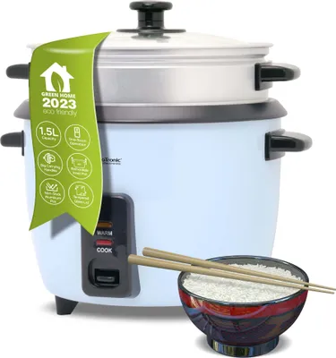 Imagen del producto de Olla arrocera TurboTronic de 1,5 litros con vaporera de acero inoxidable, SIN PLÁSTICO. Olla arrocera con vaporera, pequeña, para cocinar arroz, mini, estilo retro, color azul