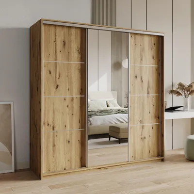 Produktbild von Masseno Schiebetürenschrank VARO 180/205/60 cm Kleiderschrank mit 4 Schubladen Schlafzimmer Schrank 3-türig mit Spiegel Eiche Artisan