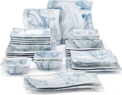 Obrázek produktu pro MALACASA FLORA, 26dílný jídelní servis, sada porcelánového nádobí se sadou talířů, mísou, servírovacími talíři, mramorově modrá barva