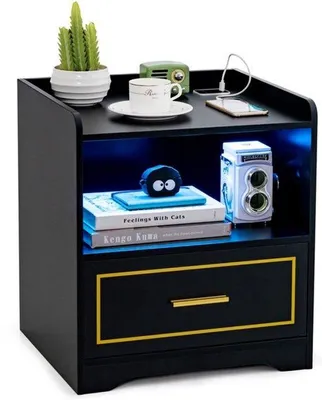 Obrázok produktu pre Nočný stolík Mat, čierna farba – s LED osvetlením, USB a Type-C nabíjacou stanicou a senzorom pohybu – 45x40x50 cm