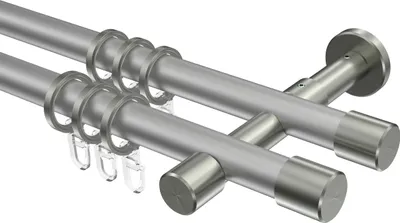 Produktbild von Interdeco Gardinenstange / Vorhangstange Silbergrau / Edelstahl-Optik, Typ Prestige Santo (Kappe), 20 mm Ø 2-läufig, 220 cm