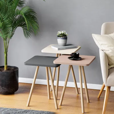Produktbild von Carenza Home 3er Beistelltisch Set Anthrazit Creme Beige Massivholzbeine Satztisch Sofatisch Couchtisch 7 Farben