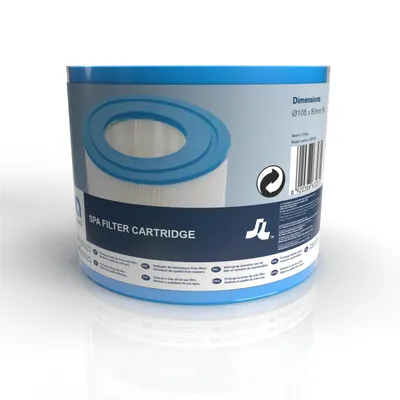 A product shot of a spa filter cartridge in its packaging, presented on a white background with a subtle reflection.