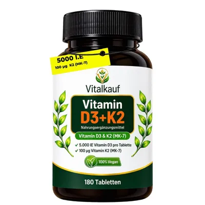 Produktbild von Vitalkauf Vitamin D3 + K2 (MK-7) 5000 I.E. + 100 µg – 180 vegane Tabletten