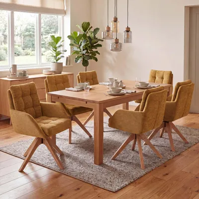 Produktbild von 6er-Set Esszimmerstuhl HWC-Q36, Küchenstuhl Stuhl, drehbar Stoff Chenille (680g/m²)  Holz MVG  senfgelb